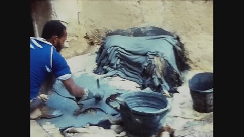MARRAKECH, MOROCCO JUNE 1972: Leather tannery in Marrakech in 70's