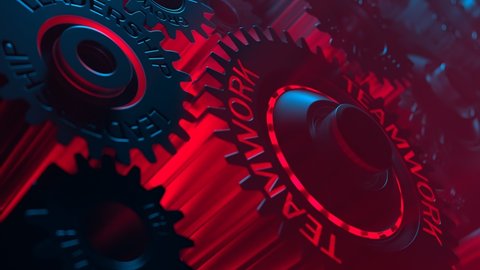 Teamwork mechanism concept. 3d animation with spinning metal wheels. Grinding gears. Moving cogs. Important elements of good working business. Cooperation. Collaboration machinery in the company.