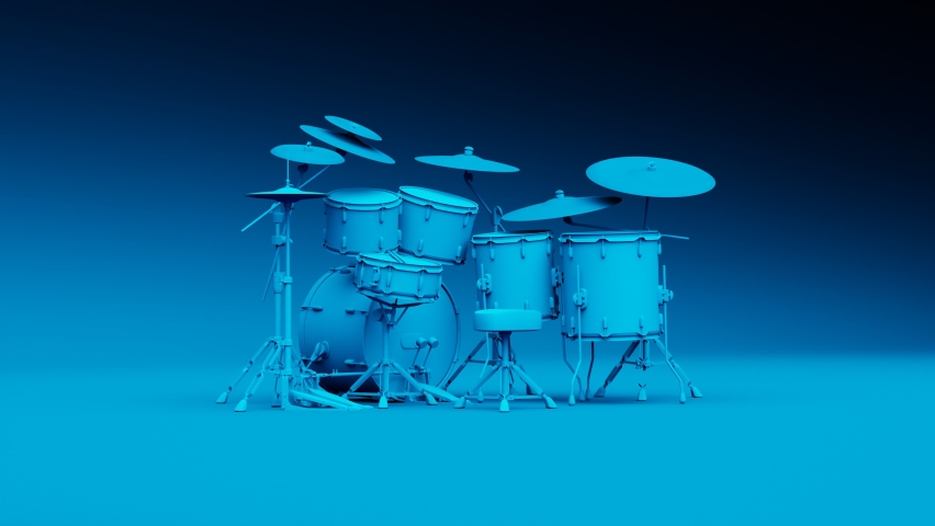 The blue drum kit in the background in the same colour. Seat, double pedals, hi-hat and snare stand. Monochromatic musical set of instruments. Loud music equipment. Proffesional percussion.