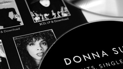 Rome, Italy: 28 January 2019: CD detail of the famous disco music star Donna Summer, died in 2012. selective focus, white background