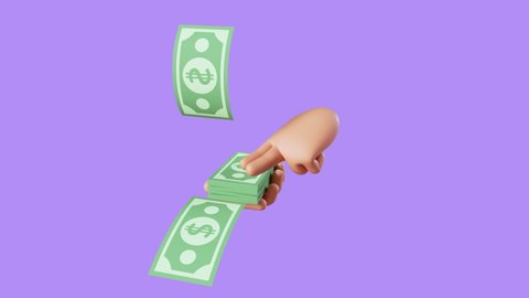 endless 3d animation of cartoon hand throwing dollar banknotes, fake money, spending money concept, donation icon isolated on violet background