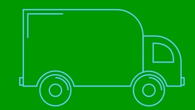 Animated icon of delivery car. Blue linear truck rides. Concept of delivery, moving, logistic, trucking, shipping. Looped video. Vector illustration isolated on green background.