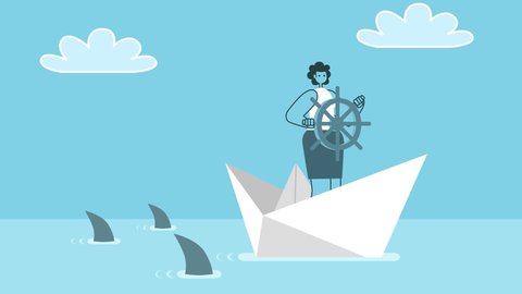 Cartoon woman sailing away on paper boat from three sharks attack. Flat Design 2d Character Isolated Loop Animation