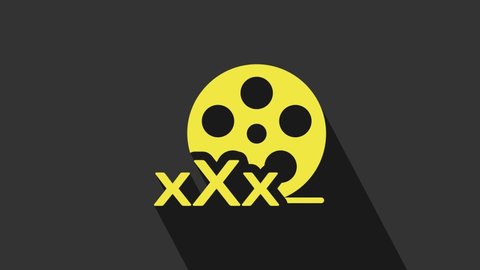 Yellow Film reel with inscription Sex icon isolated on grey background. Age restriction symbol. 18 plus content sign. Adult channel. 4K Video motion graphic animation.