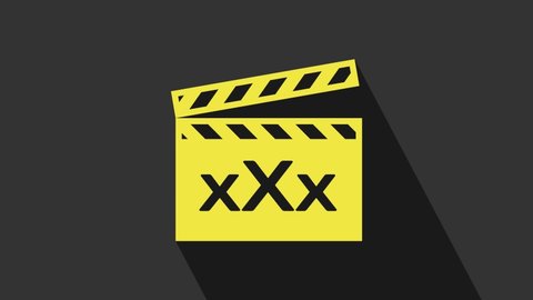 Yellow Movie clapper with inscription Sex icon isolated on grey background. Age restriction symbol. 18 plus content sign. Adult channel. 4K Video motion graphic animation.