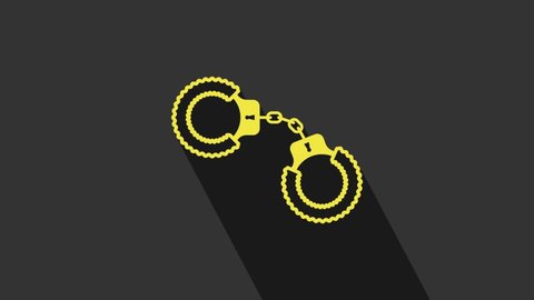 Yellow Sexy fluffy handcuffs icon isolated on grey background. Handcuffs with fur. Fetish accessory. Sex shop stuff for sadist and masochist. 4K Video motion graphic animation.