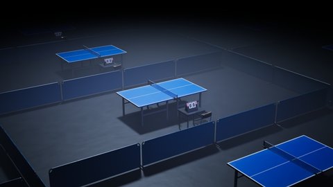 Table tennis arena before or after a competition. Tracking view of ping pong tables ready to play. Tables layout for a sports club. Tables with scoreboards. Seamless looping animation. Side view.