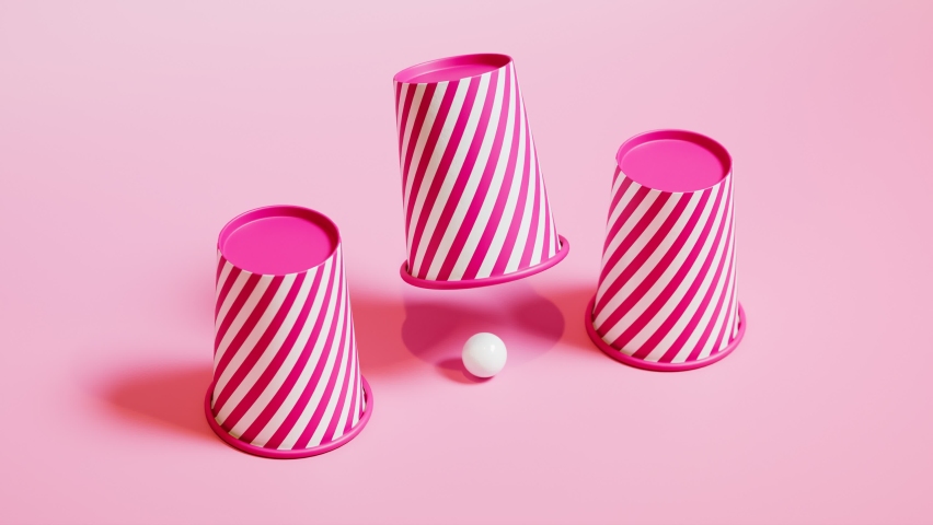A shell game with three thimbles and a ball. Animation with three pink-white paper cups on a pastel background. Get lucky. Gambling concept. Take a bet. Funny game. Magic trick. Winning a game. Luck. Royalty-Free Stock Footage #1084041433