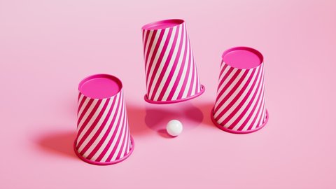 A shell game with three thimbles and a ball. Animation with three pink-white paper cups on a pastel background. Get lucky. Gambling concept. Take a bet. Funny game. Magic trick. Winning a game. Luck.