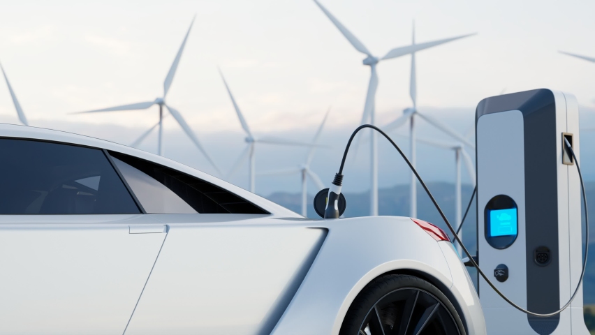 Animation with an electric car connected to the charger. Concept of the alternative energy industry. Sustainable resources. Using wind to produce electricity by wind turbines. Green electromobility | Shutterstock HD Video #1084041541