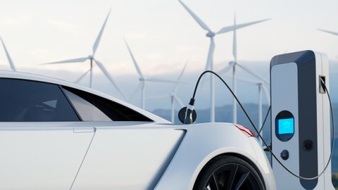 Animation with an electric car connected to the charger. Concept of the alternative energy industry. Sustainable resources. Using wind to produce electricity by wind turbines. Green electromobility