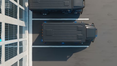Armoured trucks standing on parking in front of an army base. Armor vans leave the military base. Bulletproof cars go on a mission. Endless, seamless looping animation. Transportation. Top view.