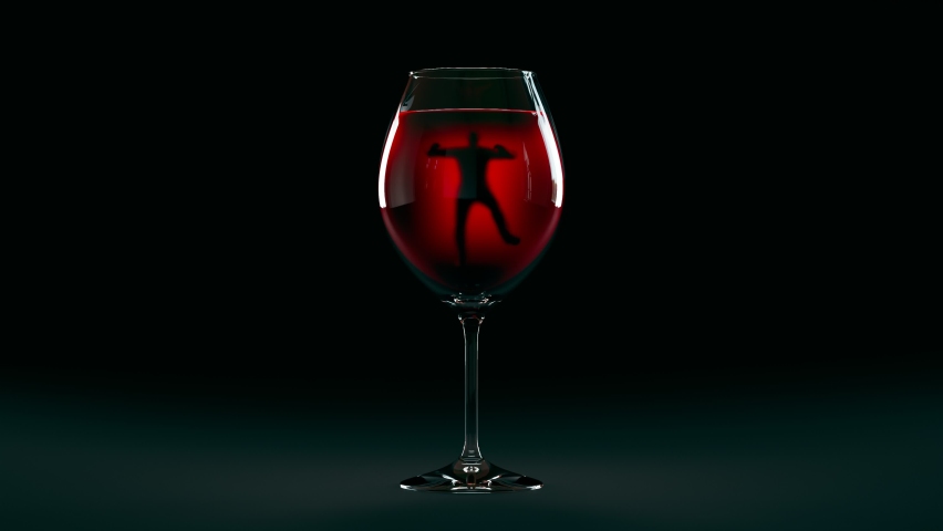 The allegoric scene with a drunk man swimming in a wineglass on dark background. Alcoholic addiction. A shiny glass full of red liquid with an addicted boozer trapped inside. Render CGI