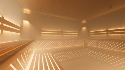 Dense steam in a warm, brightly illuminated wooden sauna room. A modern healthy way of life. Empty space prepared for a few people to rest. Beautiful wooden blanks pattern.