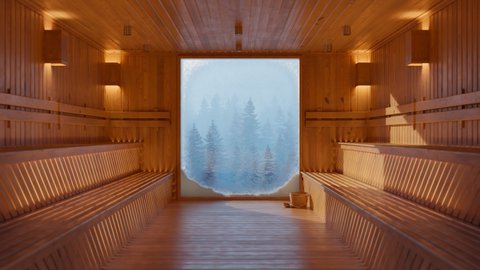 Beautiful, warm wooden sauna with big frosty window and cold blue winter coniferous forest in the background during the snow. The contrast of temperature. Slow camera track in