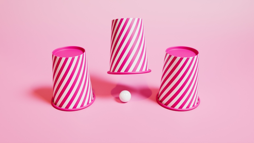 A shell game with three thimbles and a ball. Animation with three pink-white paper cups on a pastel background. Get lucky. Gambling concept. Take a bet. Funny game. Magic trick. Winning a game. Luck. Royalty-Free Stock Footage #1084041751