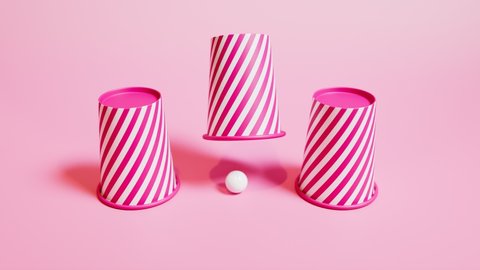 A shell game with three thimbles and a ball. Animation with three pink-white paper cups on a pastel background. Get lucky. Gambling concept. Take a bet. Funny game. Magic trick. Winning a game. Luck.