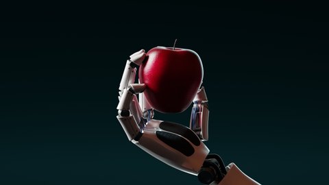 Futuristic concept of a robotic arm holding an apple on black background. Artificial intelligence used in agriculture. Advanced machinery creating food. Animation shows the creation of an idea.