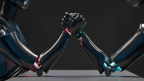 Two robots arm wrestling competition. Shiny, metallic cyborg arms holding each other on black background. Artificial intelligence achievement. Machine fight. Technology domination. Advanced algorithms