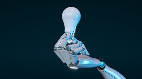 Shiny metal robotic hand holding lightbulb. Futuristic concept of artificial intelligence working on renewable energy sources. Using AI for a green environment. CGI render.