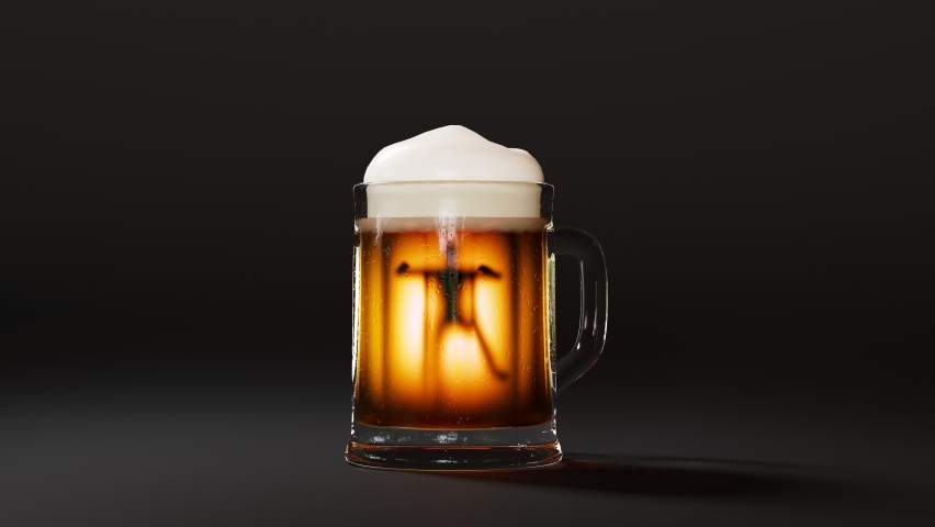 The allegoric scene with a drunk man swimming in a beer mug on dark background. Alcoholic addiction. A shiny glass full of yellow liquid with an addicted boozer trapped inside. Render CGI