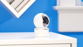 The camera is monitoring the whole room. Detects motion and focuses on the moving objects. A wireless device with online access to various settings and presets. An element of the smart home system.