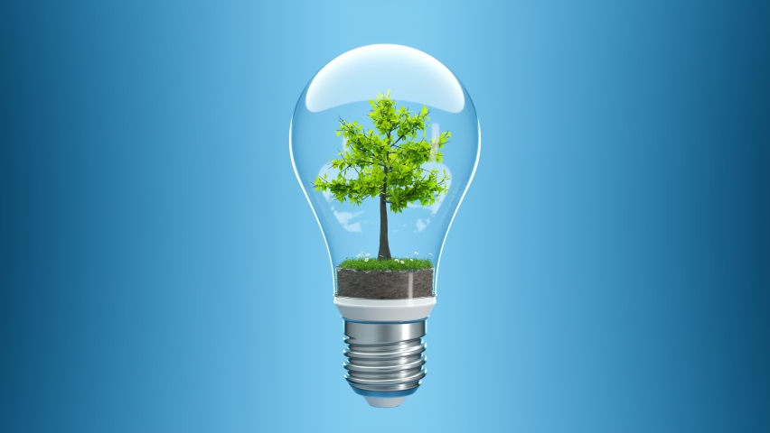 Green tree growing in the light bulb at the blue background. Concept of environmental global warming. Saving earth. Ecology. Bulb light with the plant inside. Help the environment. Saving electricity