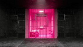 Empty pink cell in a prison block. Colour chose to pacify, calm down, aggressive criminals serial killers, psychos, insane inmates. Well deserved time behind metal bars for brutal crimes. 4K animation - Powered by Shutterstock - Get 15% off with code: PIKWIZARD15