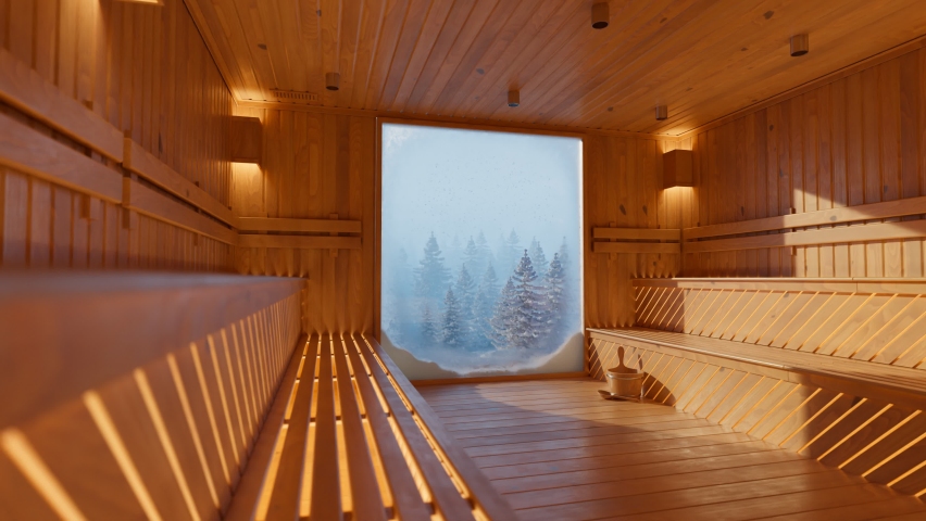 Beautiful, warm wooden sauna with big frosty window and cold blue winter coniferous forest in the background during the snow. The contrast of temperature. Modern healthy lifestyle. Royalty-Free Stock Footage #1084042507