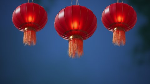 Traditional Chinese red colored lanterns. Colorful Asian paper lamps close up. Blue blurry background. Festive red light. Chinese new year celebration mood. Happiness, health, wealth symbol. 3D Render