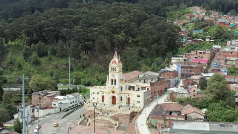 Beautiful church Iglesia Barrio Egipto located at La Candelaría district in Bogota, Colombia. 4K Drone view.