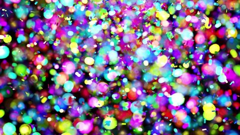 Realistic DOF camera 3D animation of the colorful shining light particles bokeh with falling confetti rendered in UHD as motion background