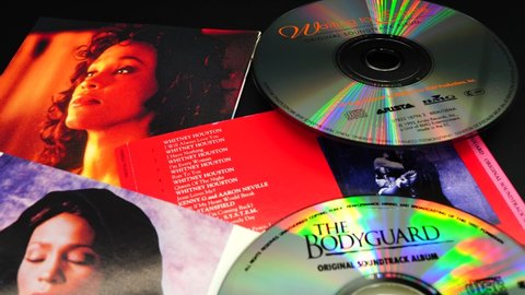 Rome, November 23, 2021: CD of two films with singer WHITNEY HOUSTON. The Bodyguard: Original Soundtrack Album is the best-selling soundtrack of all time with more than 10 million copies