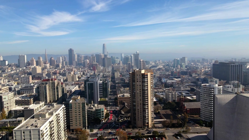 Aerial view over streets and the Pacific heights of San Francisco - reverse, pan, drone shot