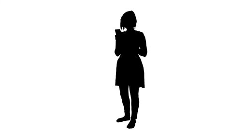 Tourist girl is taking a selfie photo in front view, Black and White Silhouette for Motion Graphics Effects