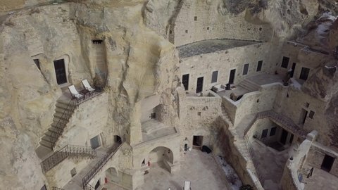 Cappadocia hotels carved from stone rock. Aerial view