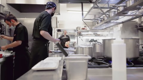 Diverse group of chefs preparing food in restaurant kitchen. Working in a busy restaurant kitchen. High quality FullHD footage