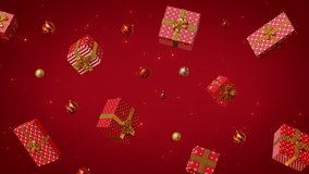 Falling Christmas glass balls, gifts, present boxes abstract background. Red, golden colors. Glowing particles. Celebrative, festive animation. Christmas, New Year mood. Slow motion. 3D Render 4K clip - Powered by Shutterstock - Get 15% off with code: PIKWIZARD15