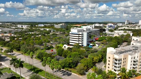 Doral, FL, USA - December 11, 2021: Carnival Cruise Line offices Doral FL. 4k aerial drone video