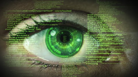 Futuristic Eye with Program Code And Hub. Macro Shot of Iris with Data Code Animation. Representing Concepts as Virtual Reality, Face Recognition, Augmented Reality, Surveillance System, Human Cyborg 