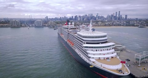 Melbourne, Australia - Dec 22, 2019 - Queen Elizabeth Cruise Ship in Melbourne - panning up shot