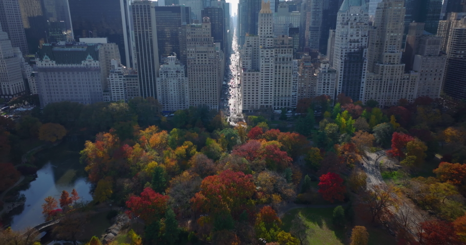 Fly above colourful trees in park and wide long straight avenue between high rise downtown buildings. Heavy traffic on road. Manhattan, New York City, USA Royalty-Free Stock Footage #1084064317
