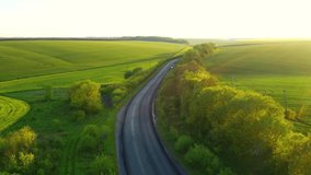 A drone flies over a country road and green fields on a sunny day. Bird's eye view. Location place Ukraine, Europe. Cinematic top down aerial drone shot. Filmed in UHD 4k video. Beauty of earth.