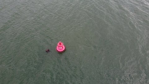 One river red cylindrical buoy from the right bank on water surface with waves aerial drone top view. Water with ripples and waves on background. Don River. 4K video.
