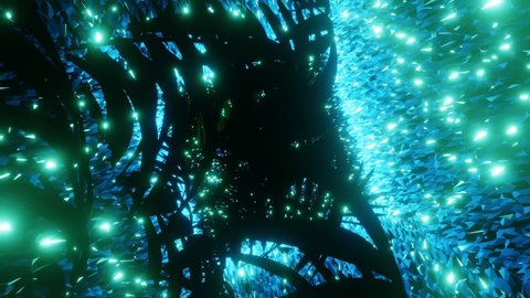 Rotating wild neon jungle with flying and flickering particles light bokeh. Abstract animated motion background. Seamless loop VJ HD background.