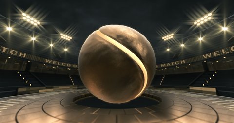Virtual sport stadium with glowing tennis ball floating in the air. Two time looped 4k video parts as golden and blue variant. Virtual studio background animation.