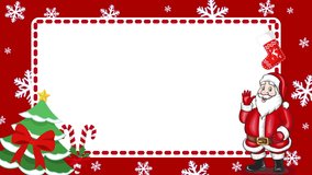 4K Merry Christmas and Happy New Year greeting card or banner template. Decorative Christmas tree Stocking sock and cute Santa Claus waving his hand. Empty animated design element for greeting designs