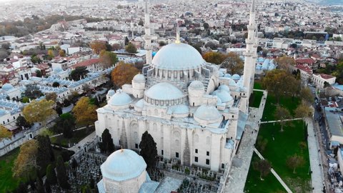 Drone shot of the Suleymaniye Mosque in Istanbul. Tomb of Sultan Suleiman. Muslim temple in Istanbul. Cemetery in the courtyard of the mosque. Mosque in the old part of the city in the Vefa area.