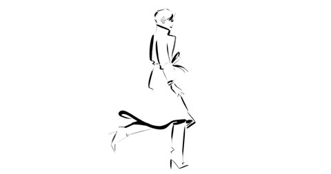 Animated loop footage of a young woman running in high heels, wearing a trench coat and high boots. Hand drawn frame by frame animation. 