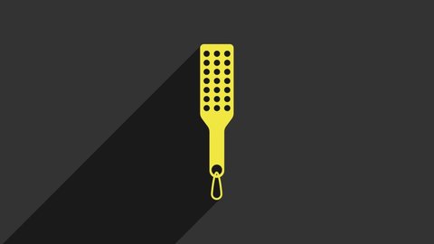 Yellow Spanking paddle icon isolated on grey background. Fetish accessory. Sex toy for adult. 4K Video motion graphic animation.